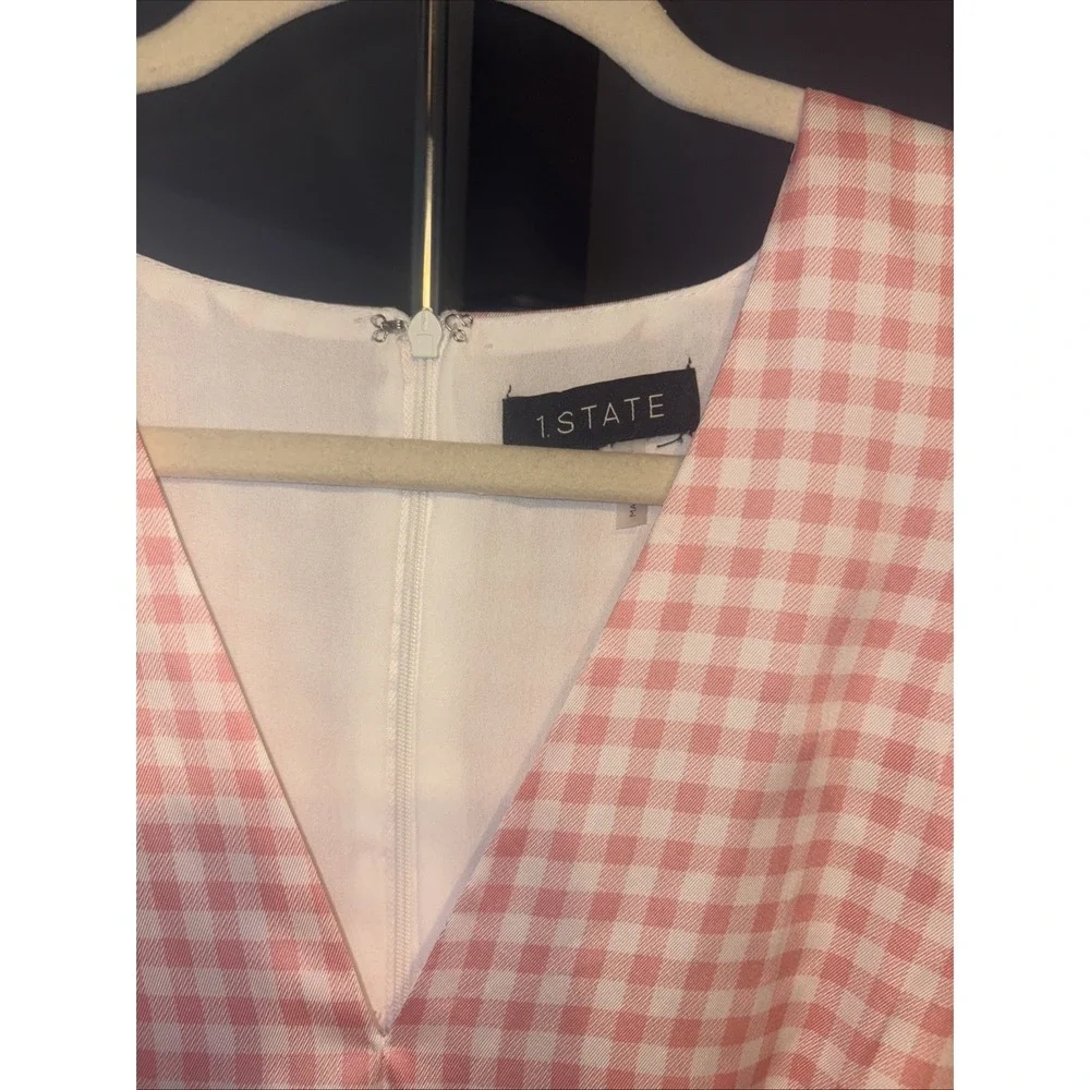 1. State Dress Small Puff Sleeve V Neck Mini Dress Pink Gingham Baby Doll Dress - Picture 4 of 7